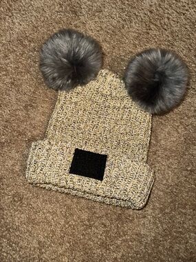 Kids Pom-Pom Beanie Hat in Beige with Gray Fur Poms